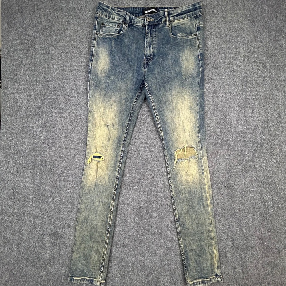 Serenede Fitted Denim Jeans Men 34 Blue Yellow Tint Distressed Ripped Streetwear